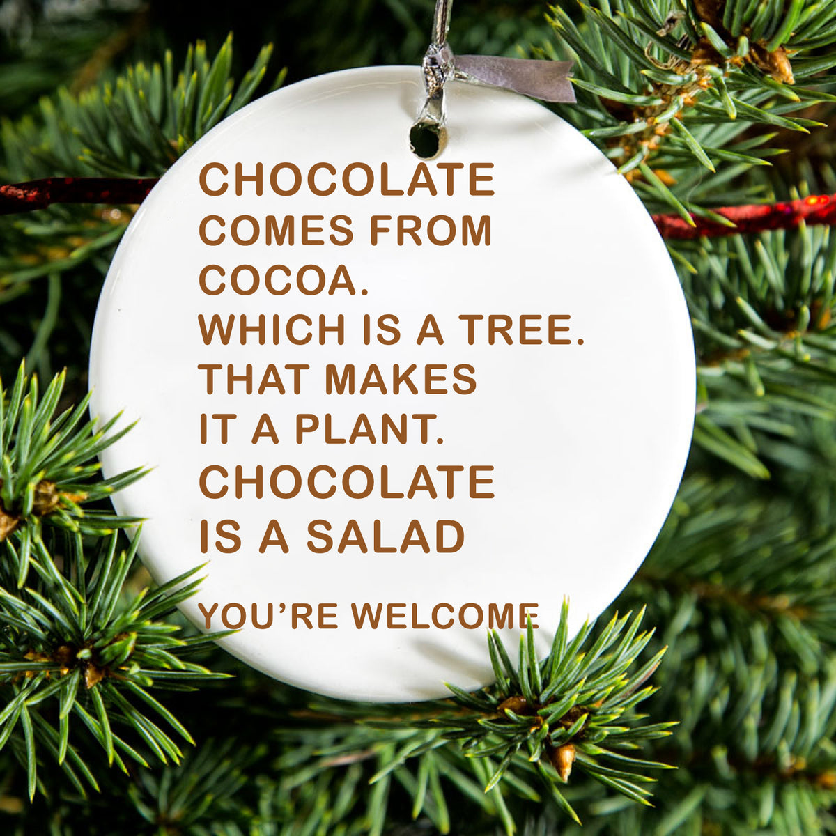 Chocolate Comes From Cocoa Is A Salad Ceramic Ornament, view 2