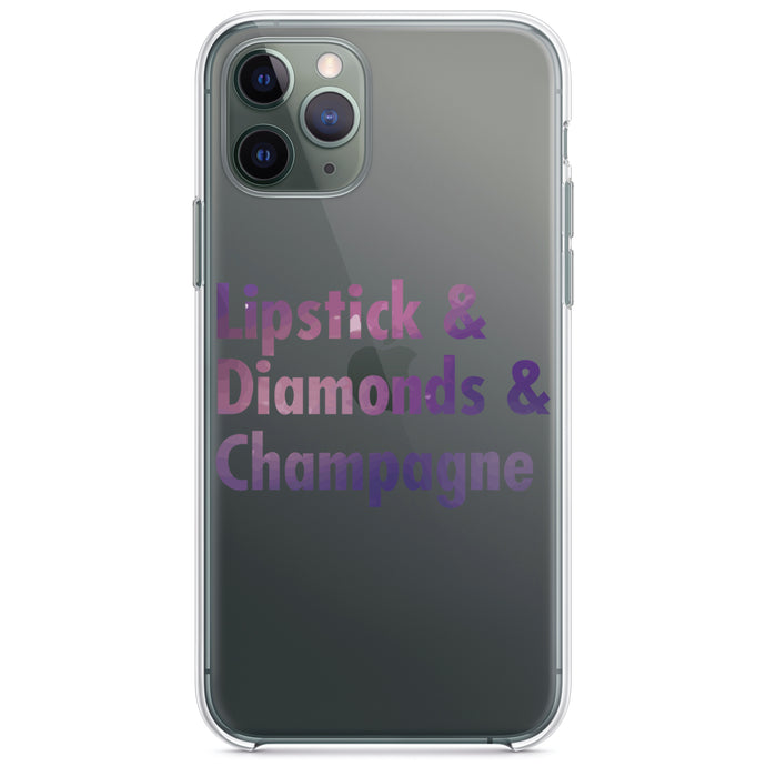 DistinctInk® Clear Shockproof Hybrid Case for Apple iPhone / Samsung Galaxy / Google Pixel - Lipstick & Diamonds & Champagne