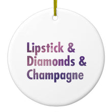 DistinctInk® Hanging Ceramic Christmas Tree Ornament with Gold String - Great Gift / Present - 2 3/4 inch Diameter - Lipstick & Diamonds & Champagne