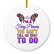 DistinctInk® Hanging Ceramic Christmas Tree Ornament with Gold String - Great Gift / Present - 2 3/4 inch Diameter - I'm a Fairy Princess Can't Tell Me What To Do