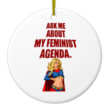 DistinctInk® Hanging Ceramic Christmas Tree Ornament with Gold String - Great Gift / Present - 2 3/4 inch Diameter - Ask Me About My Feminist Agenda