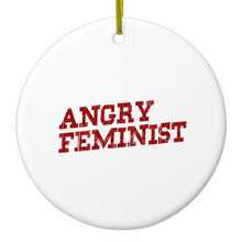 DistinctInk® Hanging Ceramic Christmas Tree Ornament with Gold String - Great Gift / Present - 2 3/4 inch Diameter - Angry Feminist