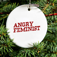 DistinctInk® Hanging Ceramic Christmas Tree Ornament with Gold String - Great Gift / Present - 2 3/4 inch Diameter - Angry Feminist