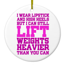 DistinctInk® Hanging Ceramic Christmas Tree Ornament with Gold String - Great Gift / Present - 2 3/4 inch Diameter - Lipstick & High Heels Can Life Weights Heavier