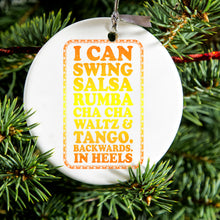 DistinctInk® Hanging Ceramic Christmas Tree Ornament with Gold String - Great Gift / Present - 2 3/4 inch Diameter - Swing Salsa Rumba Cha Cha Waltz in Heels