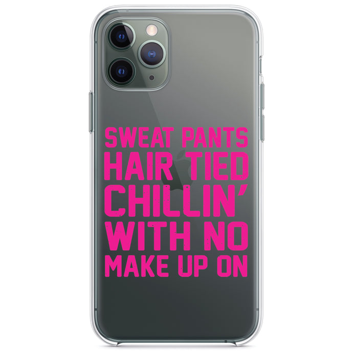 DistinctInk® Clear Shockproof Hybrid Case for Apple iPhone / Samsung Galaxy / Google Pixel - Sweat Pants Hair Tied Chillin' With No Make Up On