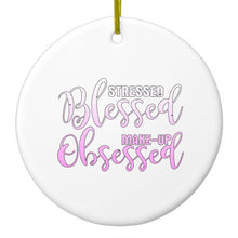 DistinctInk® Hanging Ceramic Christmas Tree Ornament with Gold String - Great Gift / Present - 2 3/4 inch Diameter - Stressed Blessed Make Up Obsessed