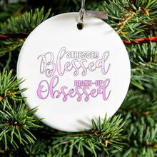 DistinctInk® Hanging Ceramic Christmas Tree Ornament with Gold String - Great Gift / Present - 2 3/4 inch Diameter - Stressed Blessed Make Up Obsessed