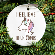 DistinctInk® Hanging Ceramic Christmas Tree Ornament with Gold String - Great Gift / Present - 2 3/4 inch Diameter - I Believe in Unicorns