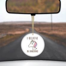DistinctInk® Hanging Ceramic Christmas Tree Ornament with Gold String - Great Gift / Present - 2 3/4 inch Diameter - I Believe in Unicorns