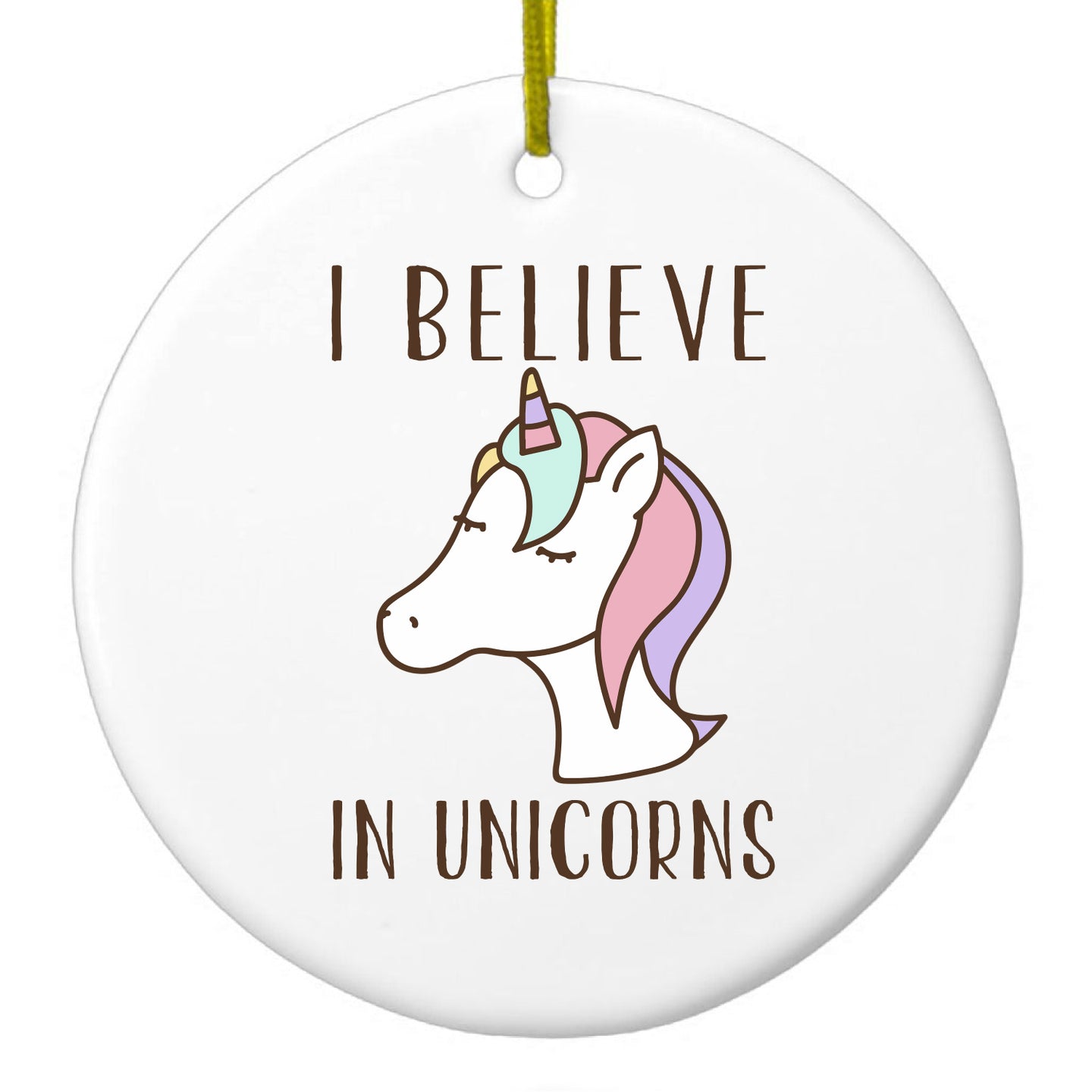 DistinctInk® Hanging Ceramic Christmas Tree Ornament with Gold String - Great Gift / Present - 2 3/4 inch Diameter - I Believe in Unicorns