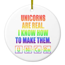 DistinctInk® Hanging Ceramic Christmas Tree Ornament with Gold String - Great Gift / Present - 2 3/4 inch Diameter - Unicorns Are Real. I Know How To Make Them