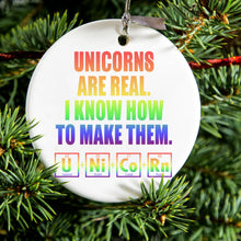 DistinctInk® Hanging Ceramic Christmas Tree Ornament with Gold String - Great Gift / Present - 2 3/4 inch Diameter - Unicorns Are Real. I Know How To Make Them