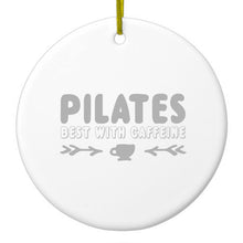 DistinctInk® Hanging Ceramic Christmas Tree Ornament with Gold String - Great Gift / Present - 2 3/4 inch Diameter - Pilates Best With Caffeine